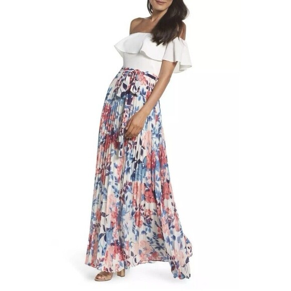 Eliza J Off the Shoulder Pleated Floral Maxi Dress Formal Wedding Size 4P NWT